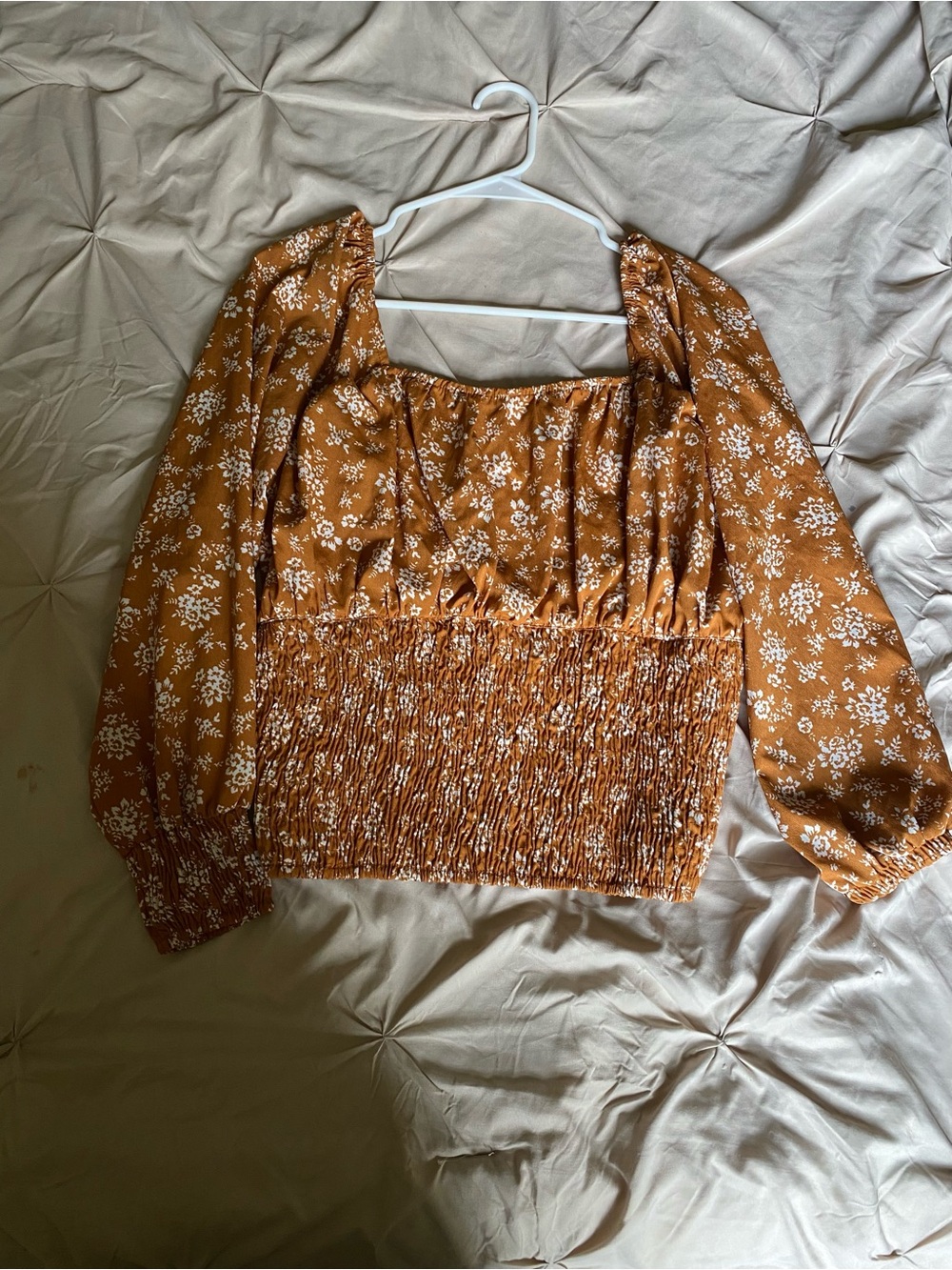Smocked Square-Neck Floral Blouse - Rust
